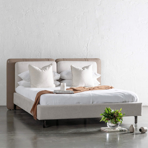 ALBARO BED FRAME | BEIGE ROYAL + TOBACCO TAN VEGAN LEATHER
