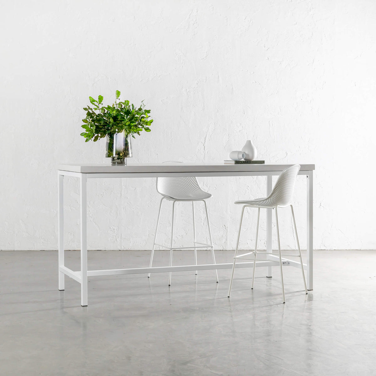 ARIA CONCRETE GRANITE BAR TABLE 200CM BIANCO CIMENT + WHITE FRAME