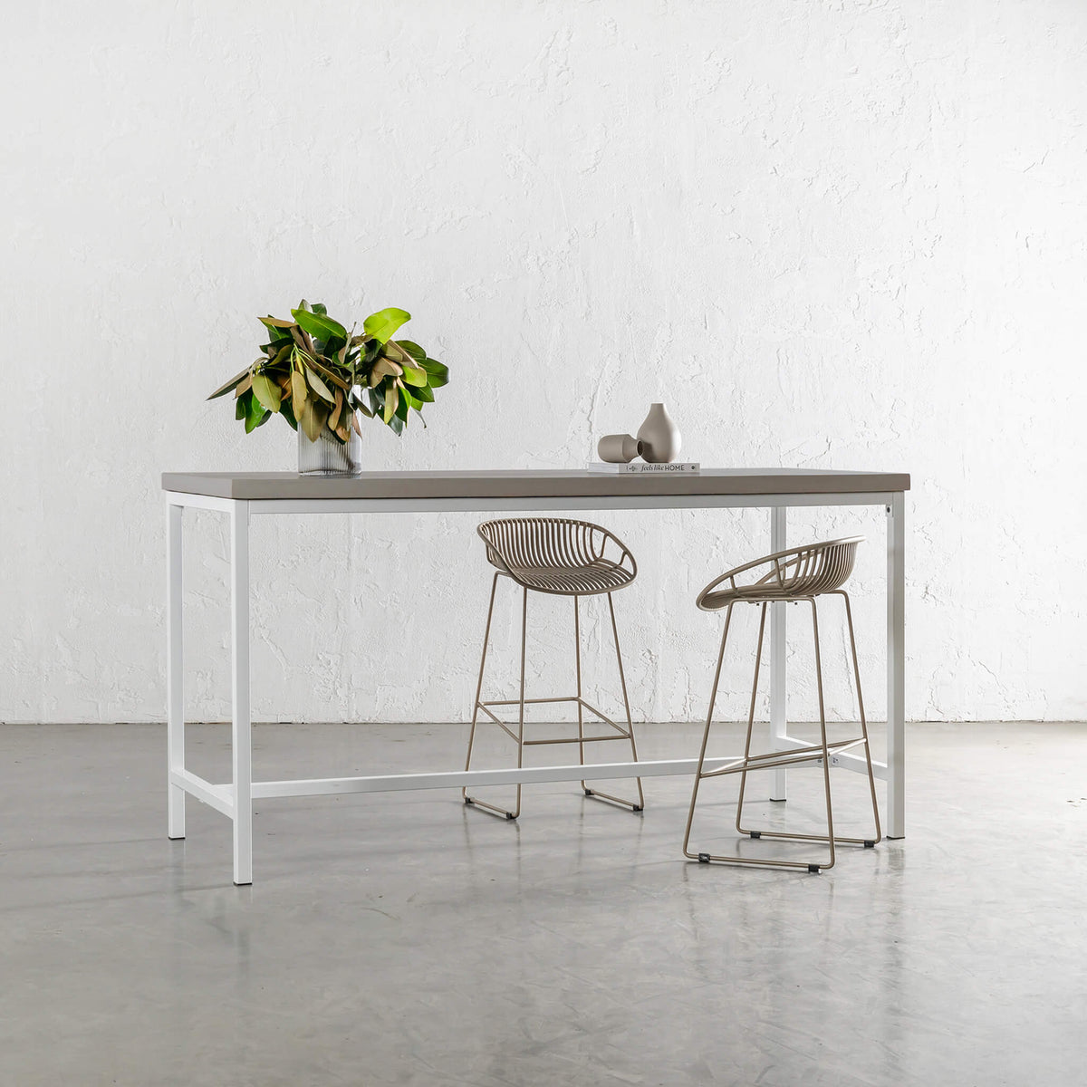 ARIA CONCRETE GRANITE BAR TABLE 200CM SAHARA CIMENT + WHITE FRAME