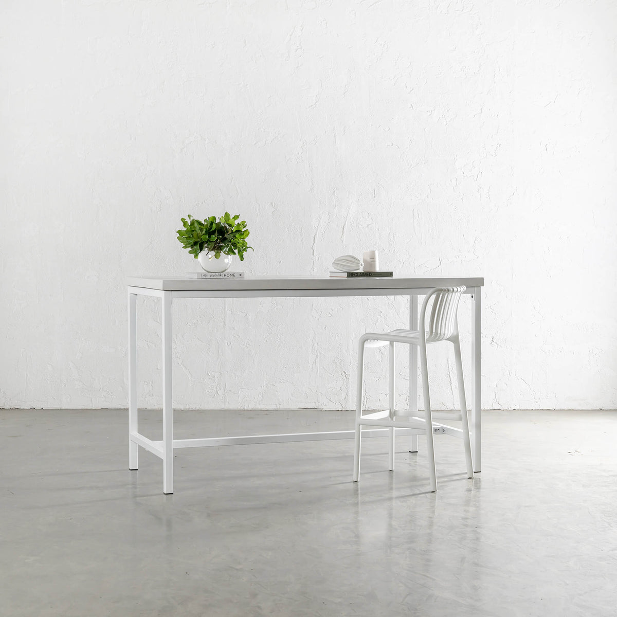 ARIA CONCRETE GRANITE BAR TABLE 150CM BIANCO CIMENT + WHITE FRAME