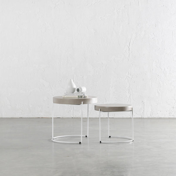 ARIA CONCRETE GRANITE SIDE TABLES | ROUND | PACKAGE 2 x SIDE TABLES | SAHARA CIMENT + WHITE FRAME