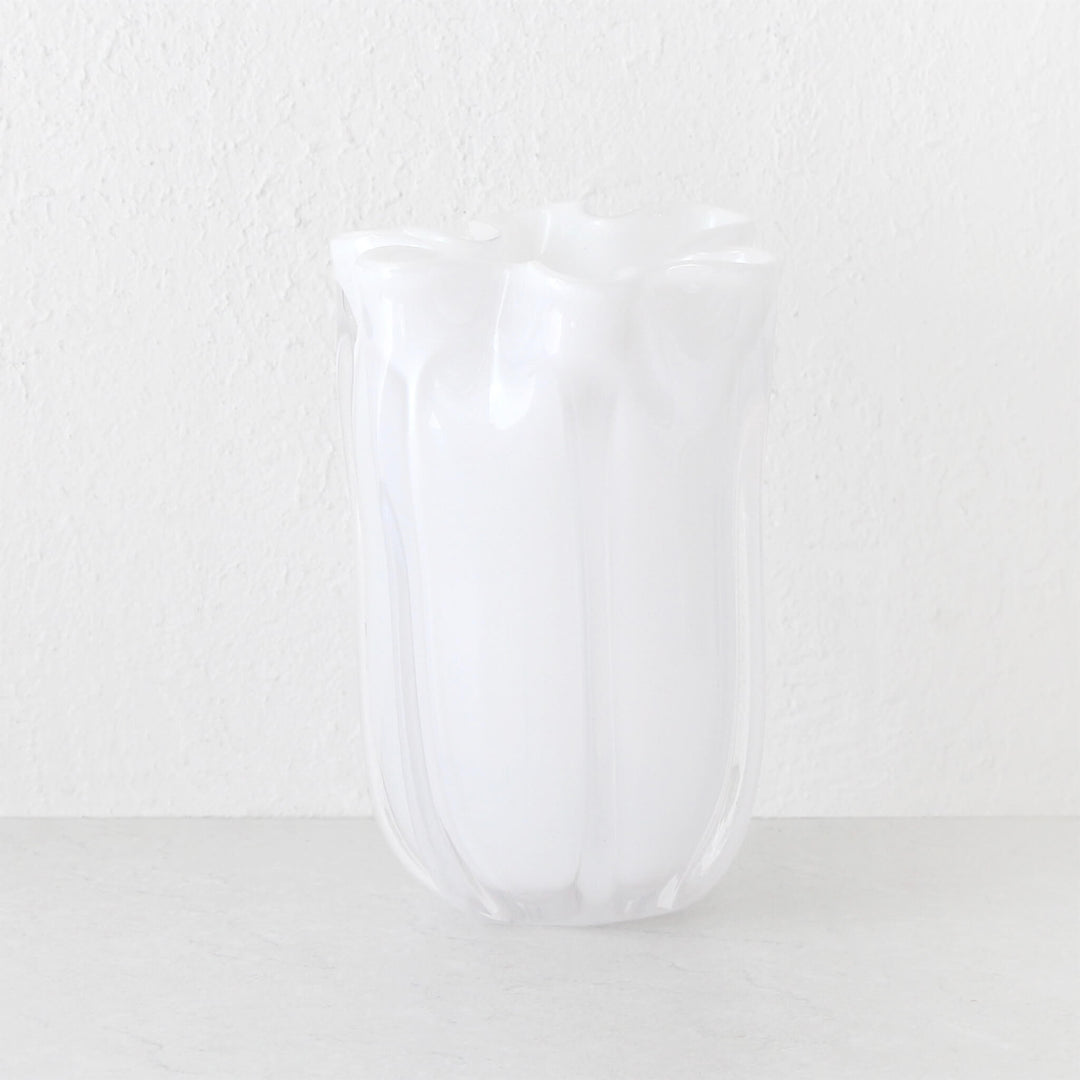 BENOIT TULIP HAND BLOWN VASE  |  WHITE + CLEAR GLASS  LARGE