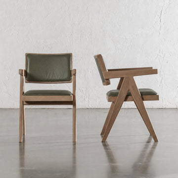 CASONI ARMED PADDED DINING CHAIR | SMOKE HAZE WASH TEAK + OLIVE LEAF LEATHER