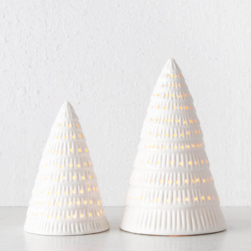 CHRISTMAS TREE TABLE DECORATION BUNDLE X2 | 19CM + 25CM | WHITE CERAMIC