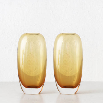 LIVING BY DESIGN EXCLUSIVE | FREYA HAND BLOWN VASE BUNDLE X2 | LARGE | AMBER + CLEAR GLASS