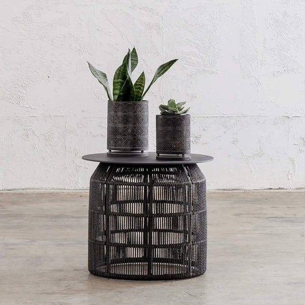 INIZIA WOVEN RATTAN INDOOR / OUTDOOR SIDE TABLE | MONUMENT BLACK