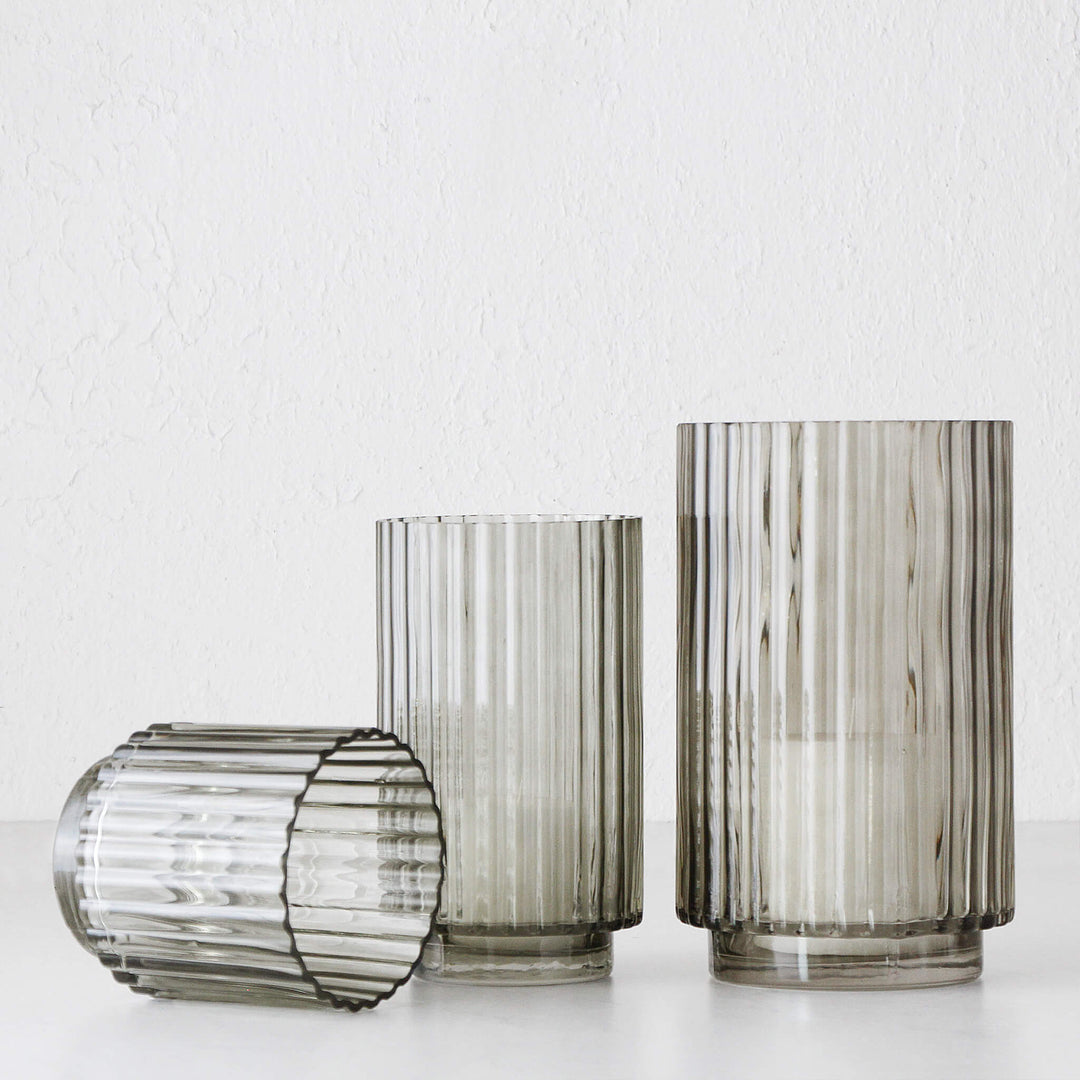 LUXE LIVING BY DESIGN FLUTED GLASS HURRICANE LANTERNS BUNDLE X3  |  SMALL + MEDIUM + LARGE  |  SMOKE