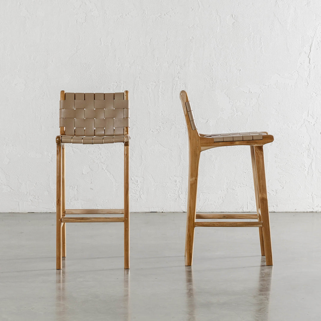 MALAND WOVEN LEATHER BAR CHAIRS  |  HIGH + LOW  |  LIGHT TAUPE LEATHER