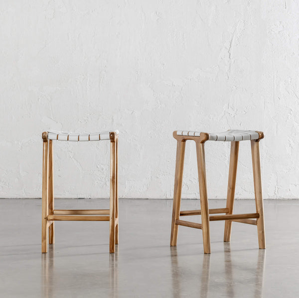 MALAND WOVEN LEATHER COUNTER STOOL | WHITE LEATHER HIDE