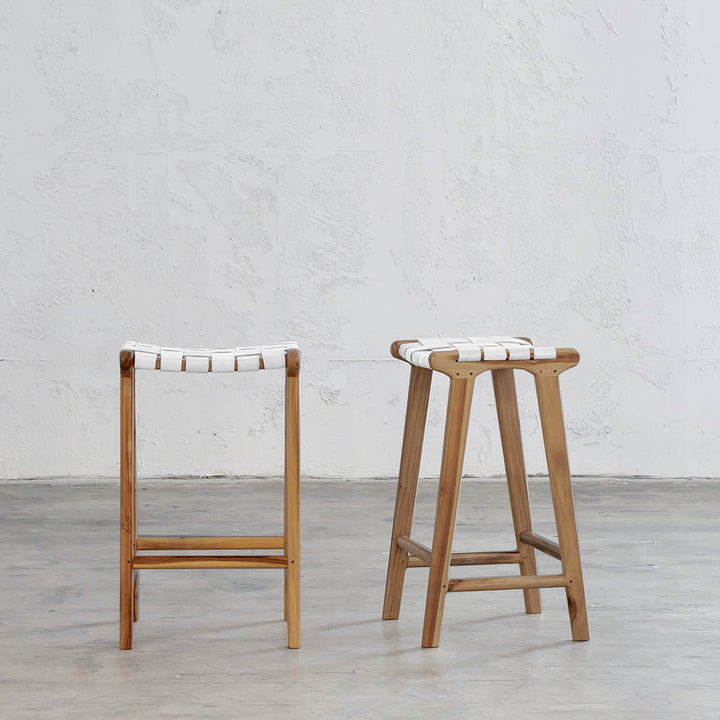MALAND WOVEN LEATHER COUNTER STOOL  |  WHITE LEATHER HIDE