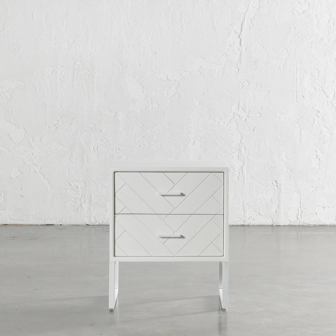 MAXIM PARQUETRY HERRINGBONE BEDSIDE TABLE  | 2 DRAWERS | WHITE