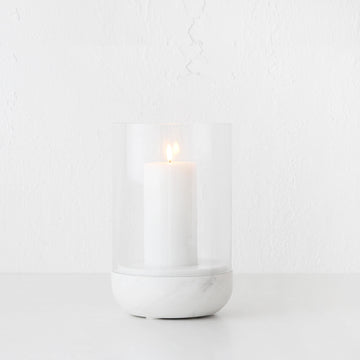MIRAMALFI HURRICANE CANDLE HOLDER | LARGE | GLASS + WHITE MARBLE