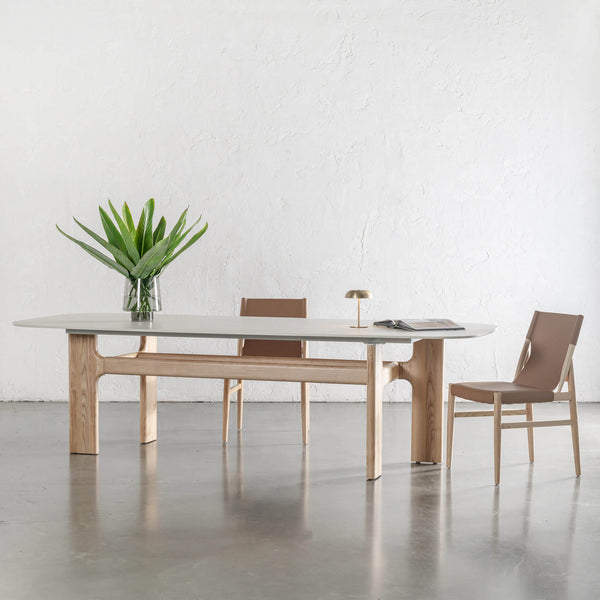 MONTAGNA CERAMICA DINING TABLE | 230CM + 270CM | BIRCH ASH WOOD GRAIN | TRAVERTINE TUMBLED BEIGE