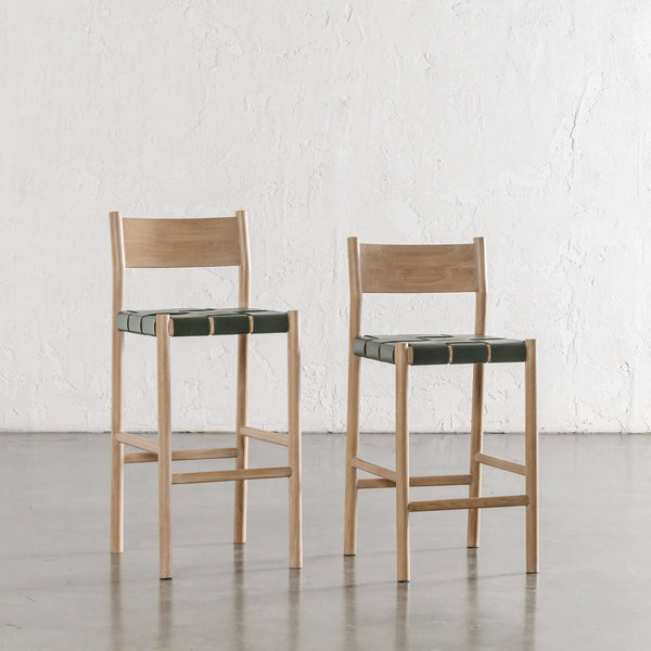 MONTERO WOVEN LEATHER BAR CHAIRS | BUNDLE + SAVE | HIGH + LOW | OLIVE LEATHER HIDE