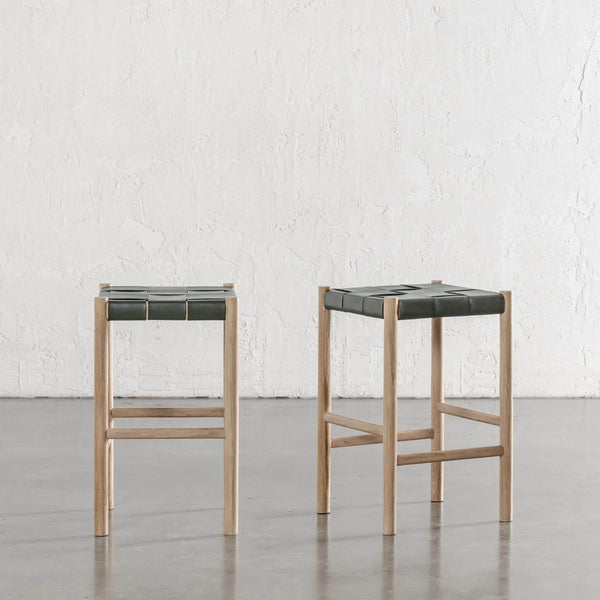 MONTERO WOVEN LEATHER COUNTER STOOL | BUNDLE + SAVE | OLIVE LEATHER HIDE