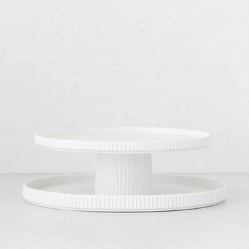 CERAMIC RIBBED BUNDLE X2 | FOOTED STAND + ROUND PLATTER | MATTE WHITE