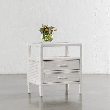 SAN AUGUSTINE RATTAN HERRING WEAVE | NIGHTSTAND DOUBLE DRAWER | LIMED WHITE RATTAN