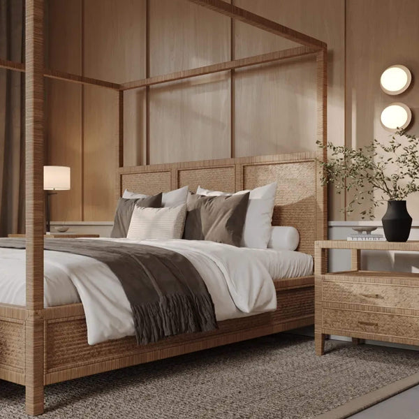 SAN AUGUSTINE RATTAN HERRING WEAVE | 4 POSTER BED | NATURAL RATTAN