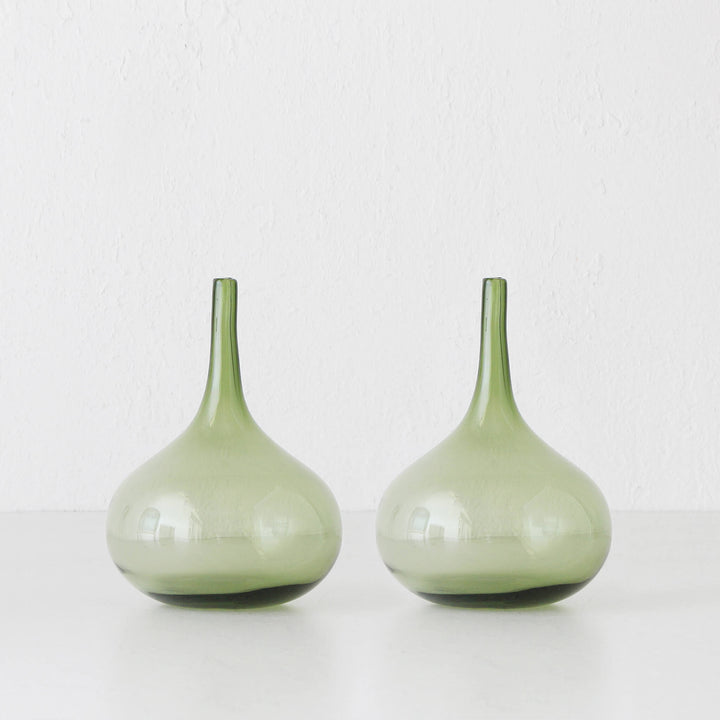 TALL BOTTLE GLASS VASE BUNDLE X2 | SMALL | OLIVE GREEN