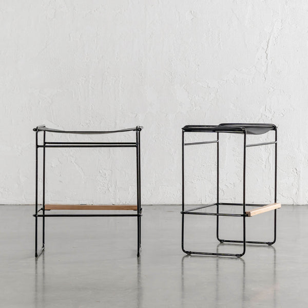 TARO BLACK LEATHER COUNTER STOOL | BLACK STEEL FRAME