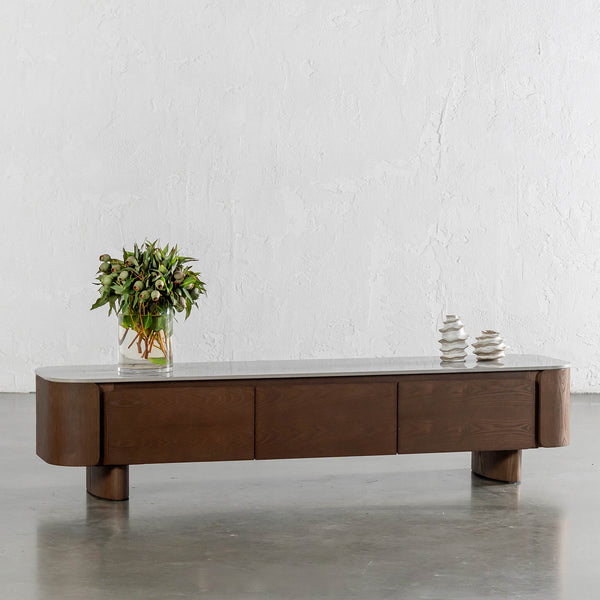 TREVELO ENTERTAINMENT UNIT | DEEP WALNUT WOOD GRAIN | VALENTINA GRIGIO CERAMICA TOP