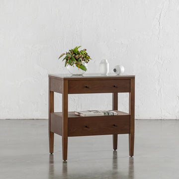 TREVELO PERNEL CONRAD NIGHT STAND | DEEP WALNUT WOOD GRAIN | VALENTINA GRIGIO CERAMICA TOP