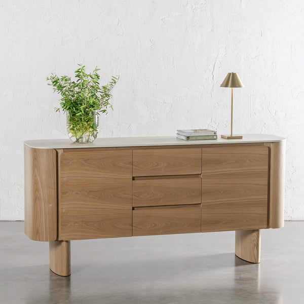 TREVELO SIDEBOARD | BIRCH ASH WOOD GRAIN | TRAVERTINE TUMBLED BEIGE CERAMICA TOP