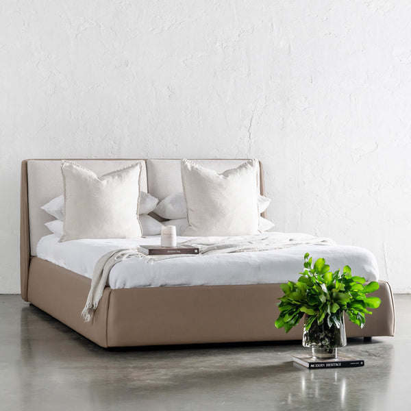 VESIMA BED FRAME | BEIGE ROYAL + TOBACCO TAN VEGAN LEATHER