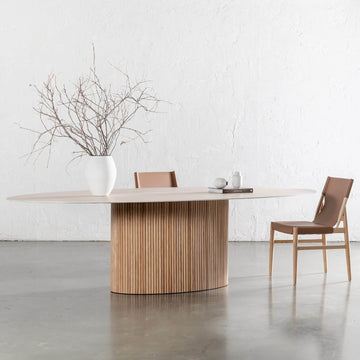 VITOLO CERAMICA OVAL PILLAR DINING TABLE | BIRCH ASH | TRAVERTINE TUMBLED BEIGE TOP | 260CM