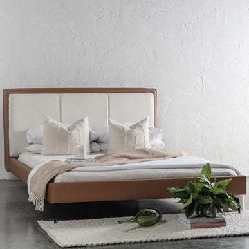 GRANVILLE BED FRAME | ALMOND MILK + SADDLE TAN VEGAN LEATHER