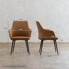 JAKOB CARVER CHAIR | FAUX LEATHER | SADDLE TAN WITH MEASUREMENTS