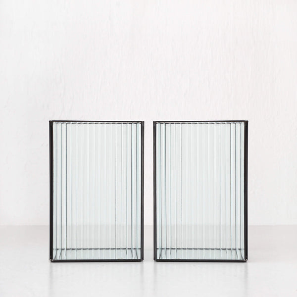 LIVING BY DESIGN RIDGED SQUARE GLASS HURRICANE LANTERNS BUNDLE X2  |  EXTRA LARGE  |  CLEAR + MIRROR BASE