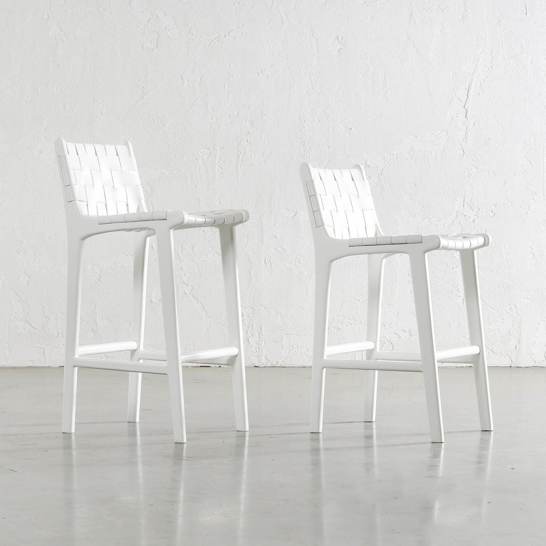 MALAND WOVEN LEATHER BAR CHAIRS  |  HIGH + LOW  |  WHITE ON WHITE LEATHER HIGH BAR STOOL