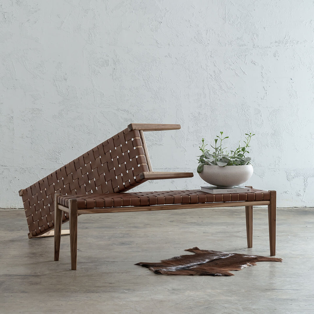 MALAND WOVEN LEATHER BENCH  |  TAN LEATHER HIDE