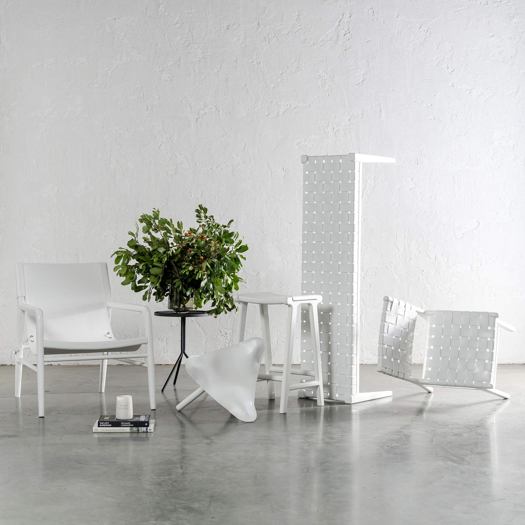 MALAND WOVEN LEATHER DINING CHAIR  |  WHITE ON WHITE LEATHER HIDE