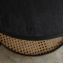SAUVAGE AMBA TIMBER TERRACE SIDE TABLE | BLACK + NATURAL RATTAN WOODEN TOP CLOSEUP