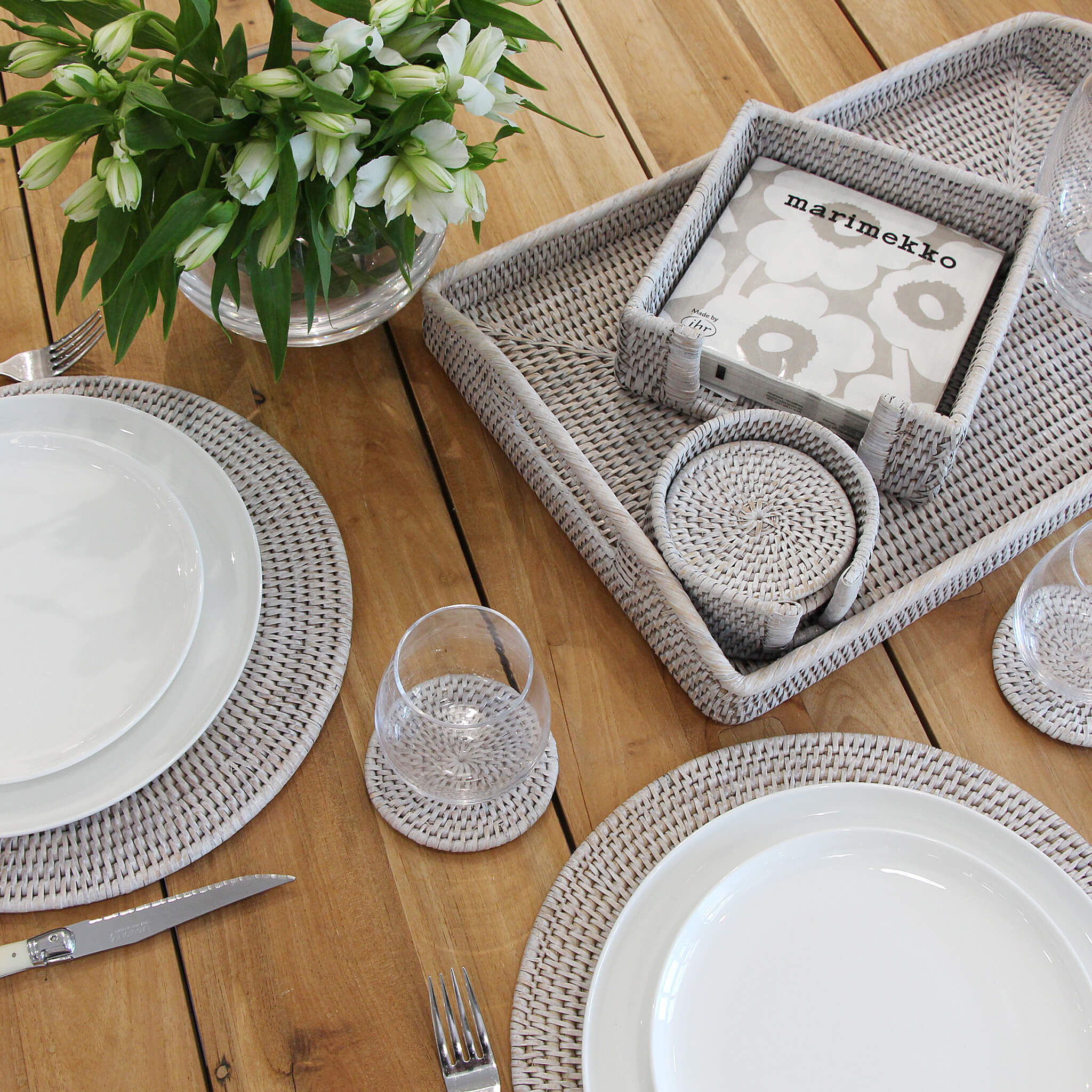 RATTAN COASTERS + PLACEMATS