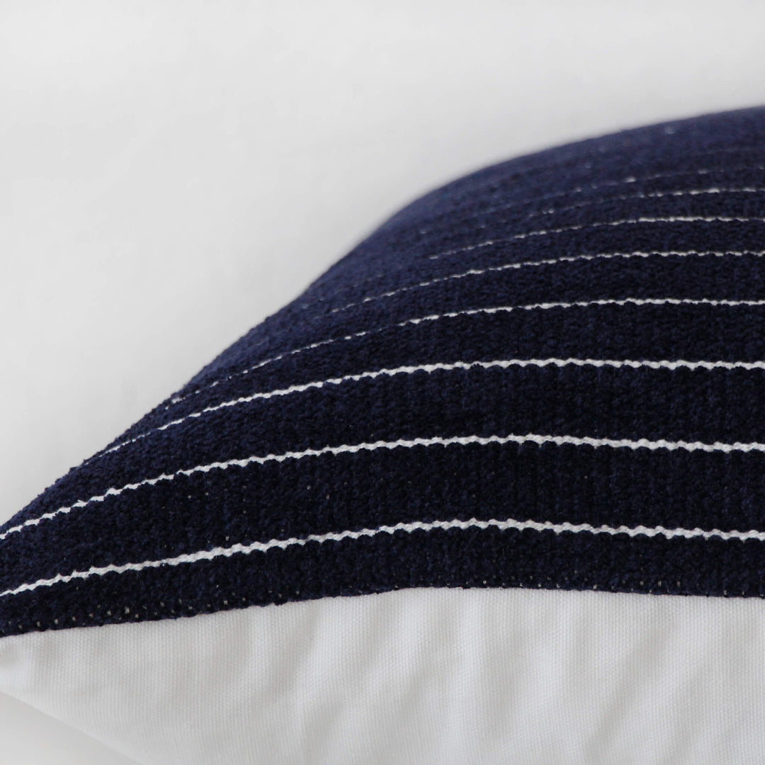 SAN CARRO HAND WOVEN CUSHION  |  DENIM BLUE + WHITE STRIPE  |  CLOSE UP