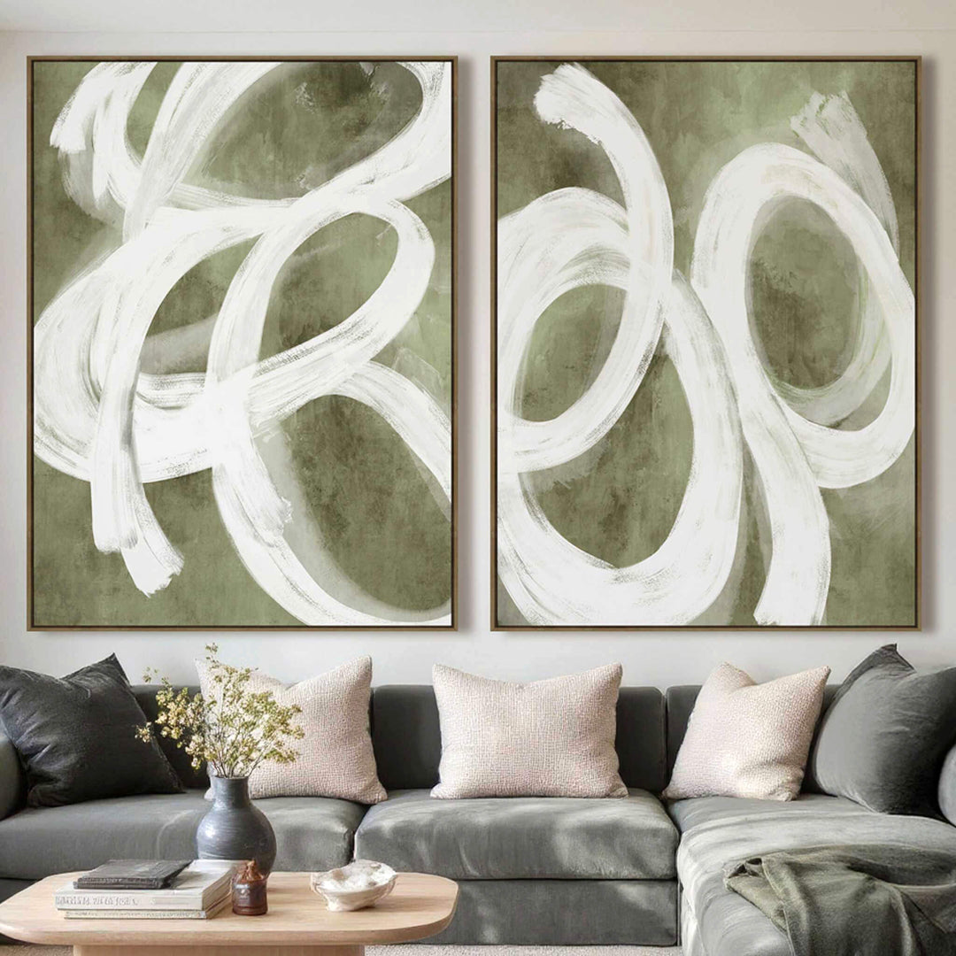  LBD EXCLUSIVE  |  VARESE FRAMED CANVAS PRINT |  SET OF 2  |  90X 120CM  |  OLIVE + OFF WHITE   |  NATURAL BAMBOO FRAME