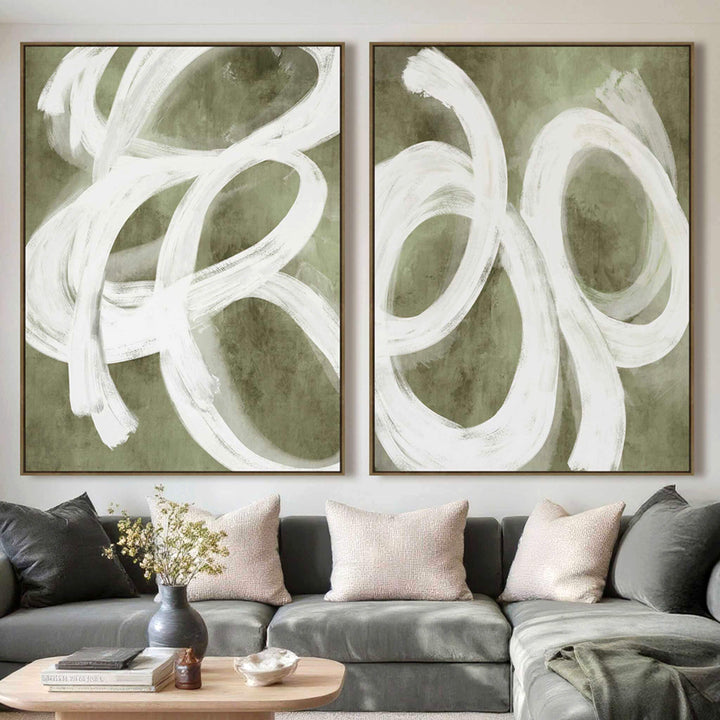  LBD EXCLUSIVE  |  VARESE FRAMED CANVAS PRINT |  SET OF 2  |  90X 120CM  |  OLIVE + OFF WHITE   |  NATURAL BAMBOO FRAME
