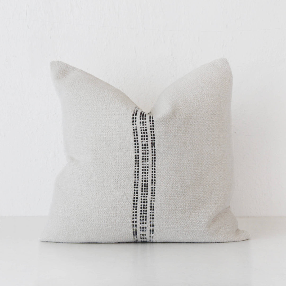 CRETO HAND WOVEN CUSHION  |  WHITE BLANC + BLACK STRIPE  |  50X50 