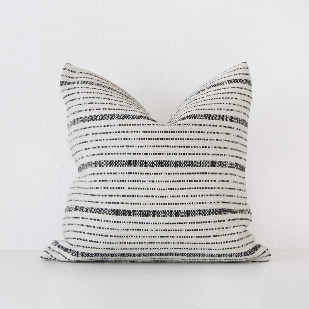 MARZANO HAND WOVEN CUSHION  |  WHITE BLANC + BLACK STRIPE  |  50X50