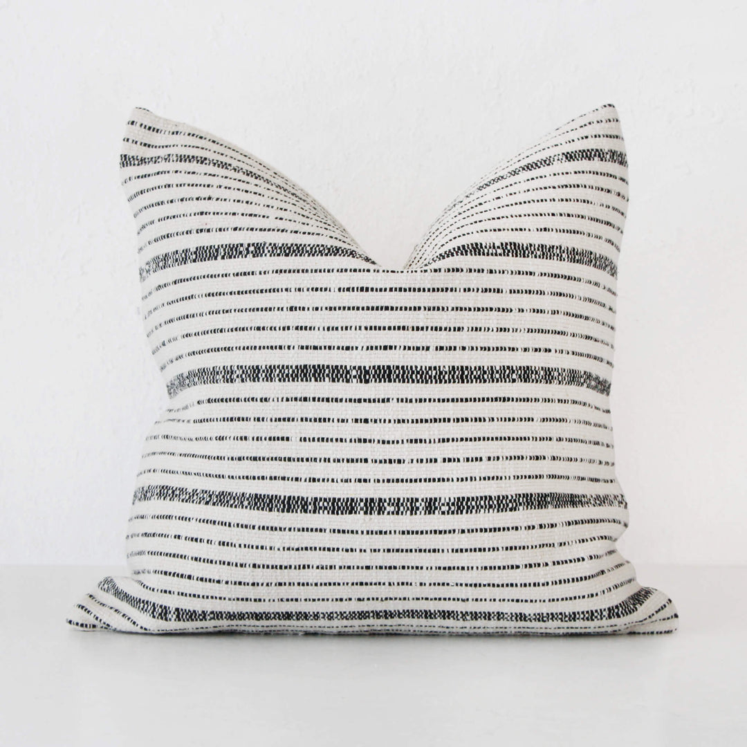 MARZANO HAND WOVEN CUSHION  |  WHITE BLANC + BLACK STRIPE  |  60X60