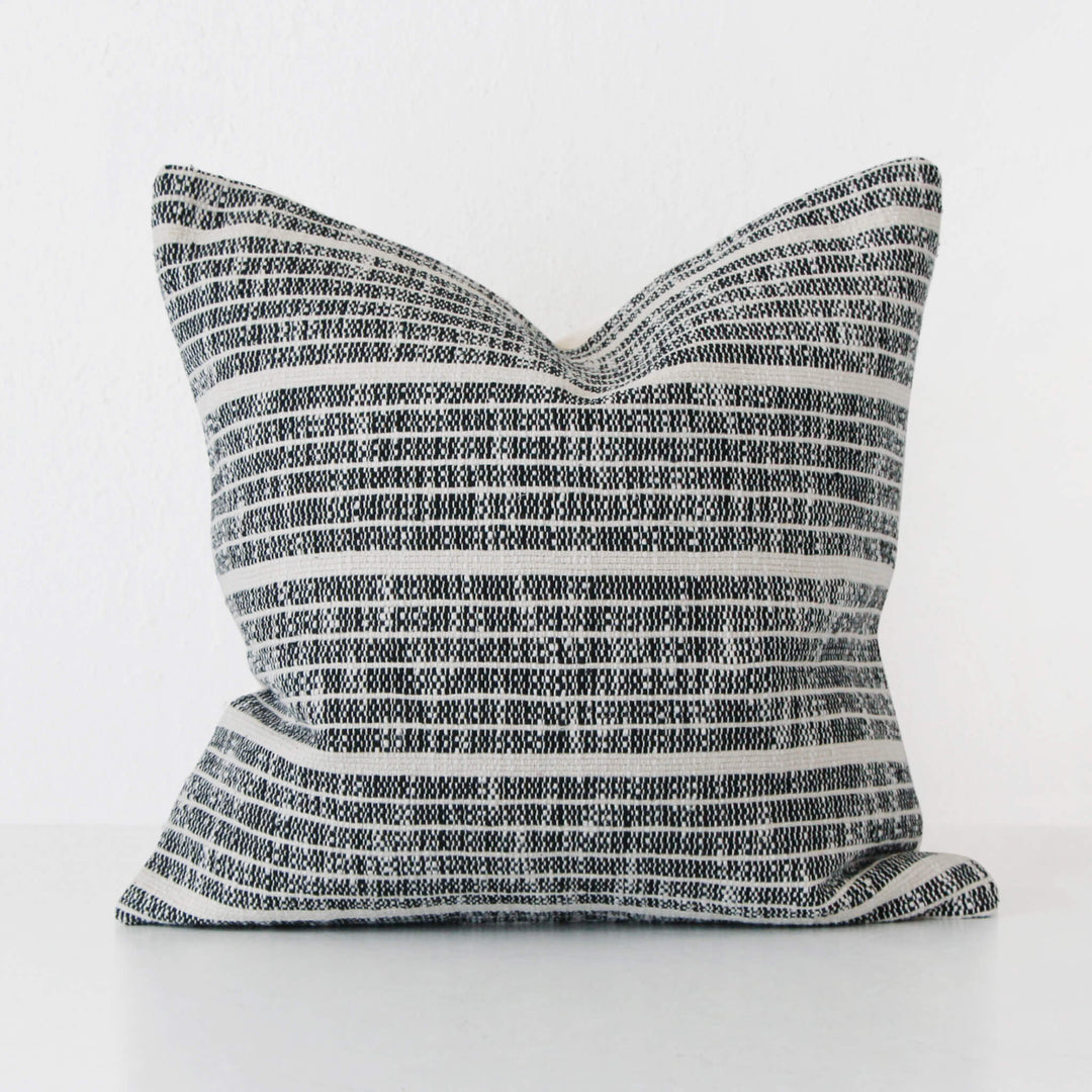 MARZANO HAND WOVEN CUSHION  |  BLACK NOIR + WHITE STRIPE  |  60X60