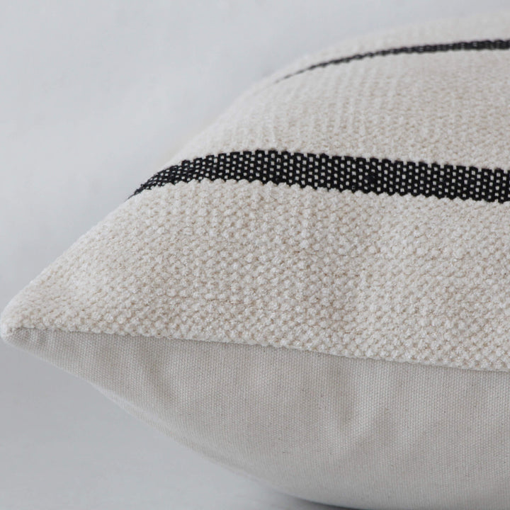 SISOLA HAND WOVEN CUSHION  |  WHITE BLANC + BLACK STRIPE  |  CLOSE UP