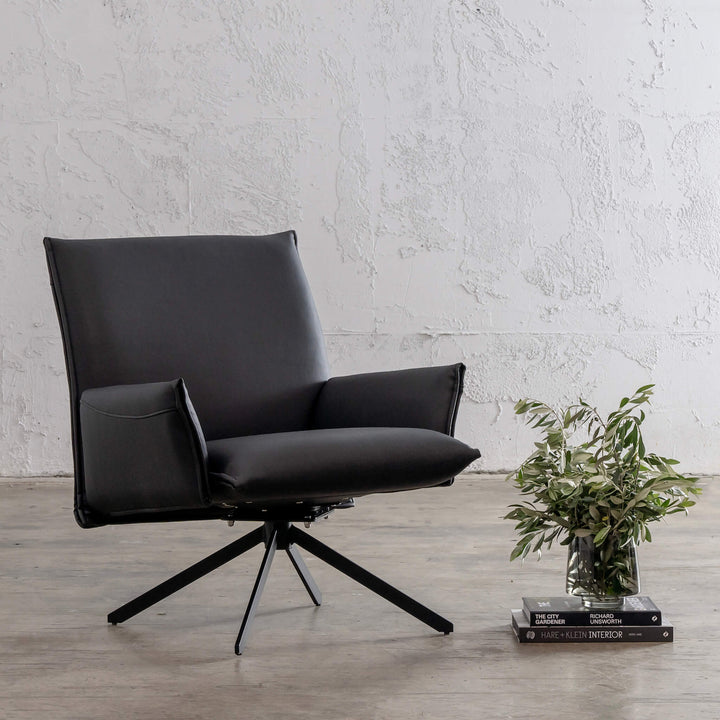 ALAMEDA MID CENTURY VEGAN LEATHER SWIVEL ARMCHAIR | BLACK