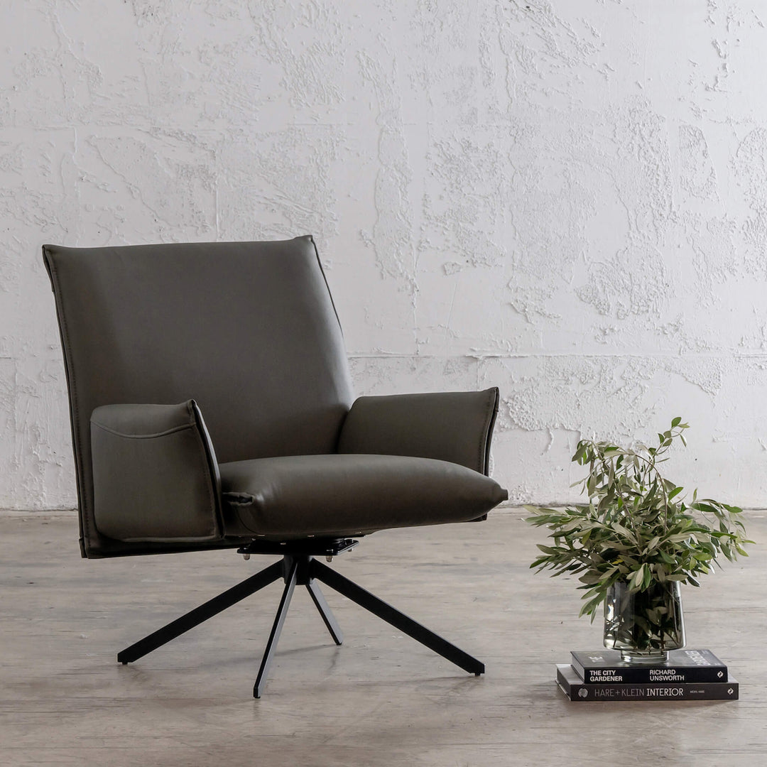 ALAMEDA MID CENTURY VEGAN LEATHER SWIVEL ARMCHAIR | OLIVE