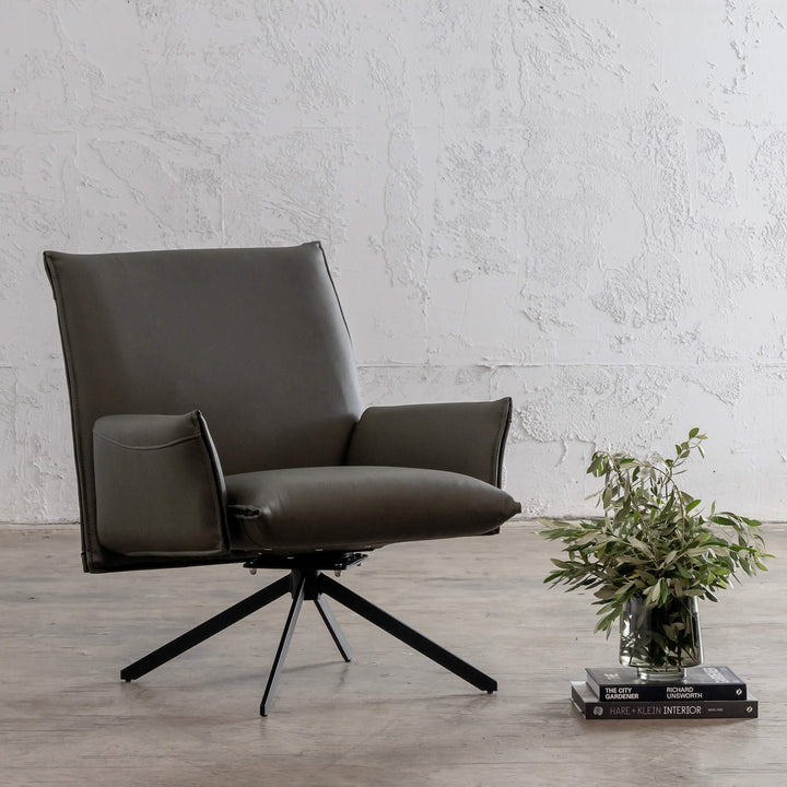 ALAMEDA MID CENTURY VEGAN LEATHER SWIVEL ARMCHAIR | OLIVE