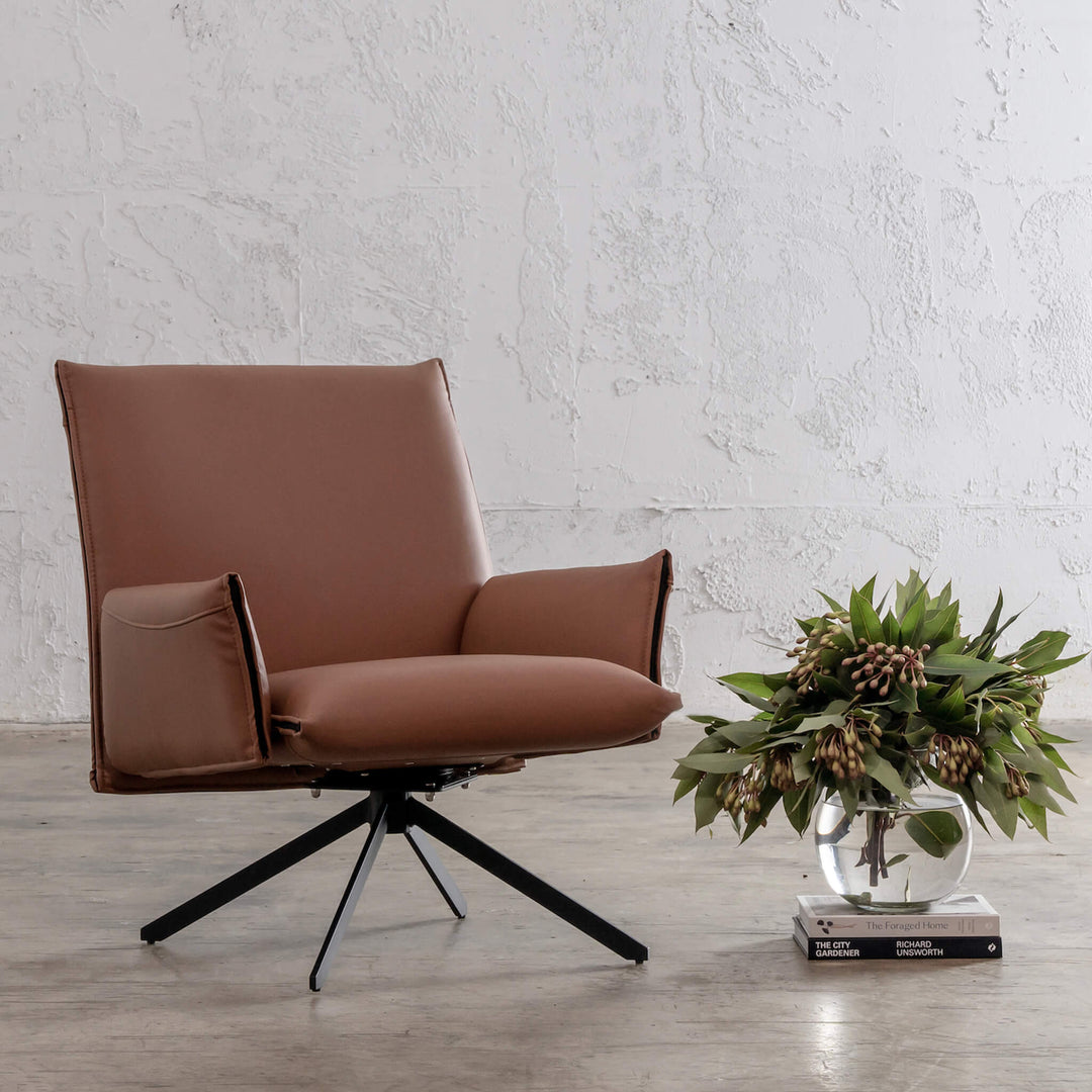 ALAMEDA MID CENTURY VEGAN LEATHER SWIVEL ARMCHAIR | SADDLE TAN