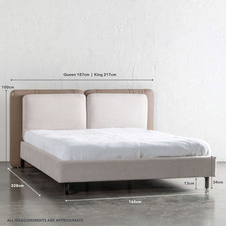 ALBARO BED FRAME | BEIGE ROYAL + TOBACCO TAN VEGAN LEATHER | KING + QUEEN MEASUREMENTS